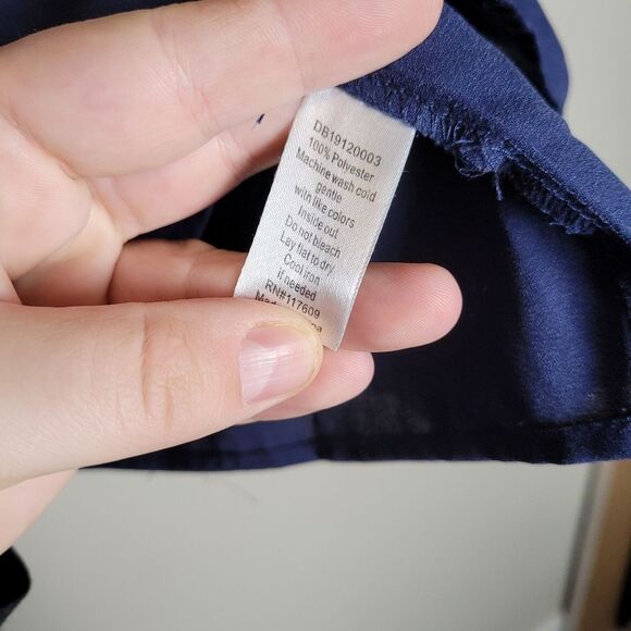 Navy Blue Pleated Sleeve Blouse Office Corporate Formal Church Modest Medium - Picture 9 of 9